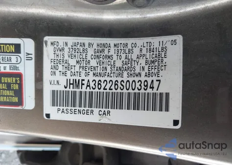 2006 Honda Civic Hybrid z USA, uszkodzony, nr VIN JHMFA36226S003947